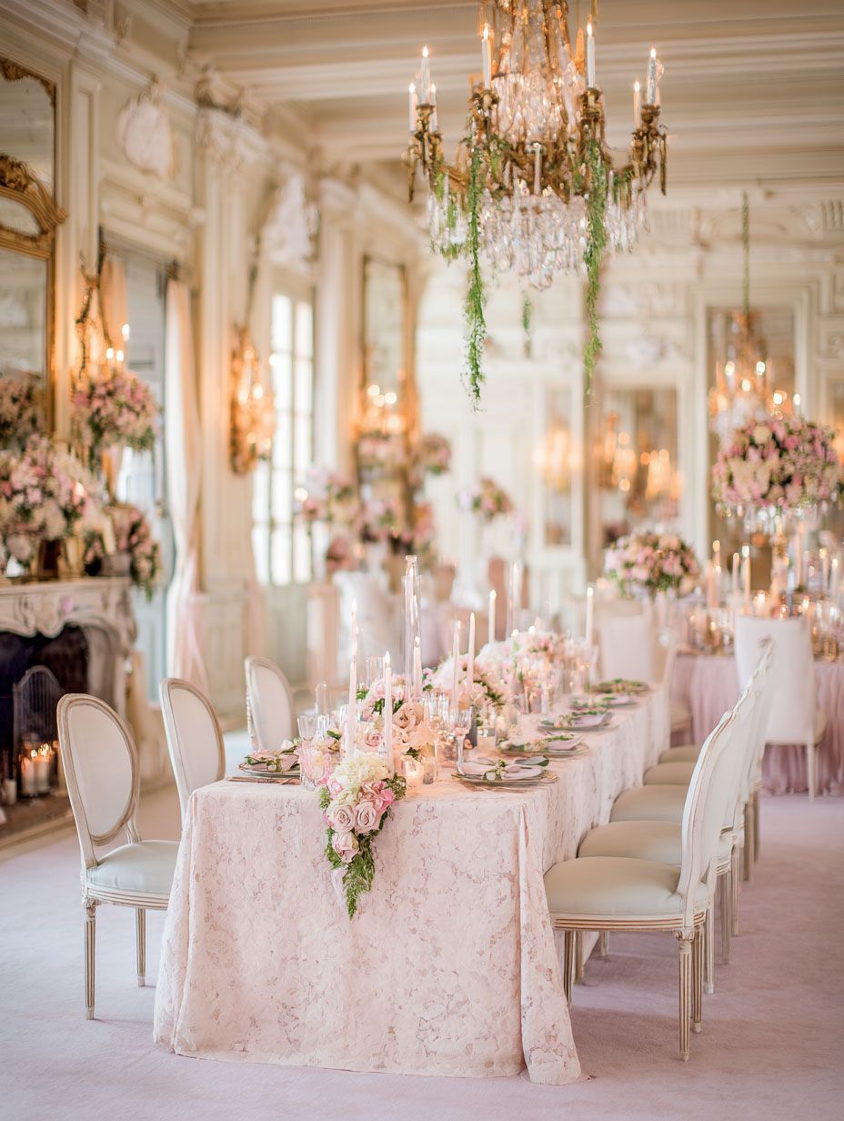 A luxury wedding venue ballroom showing a fancy elegant table setting and chandelier