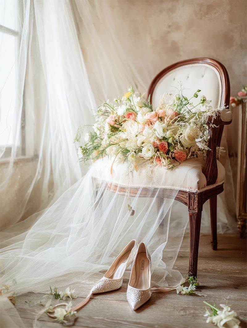 bridal heels and peach garden rose bouquet on an antique tufted chair with flowing cathedral veil