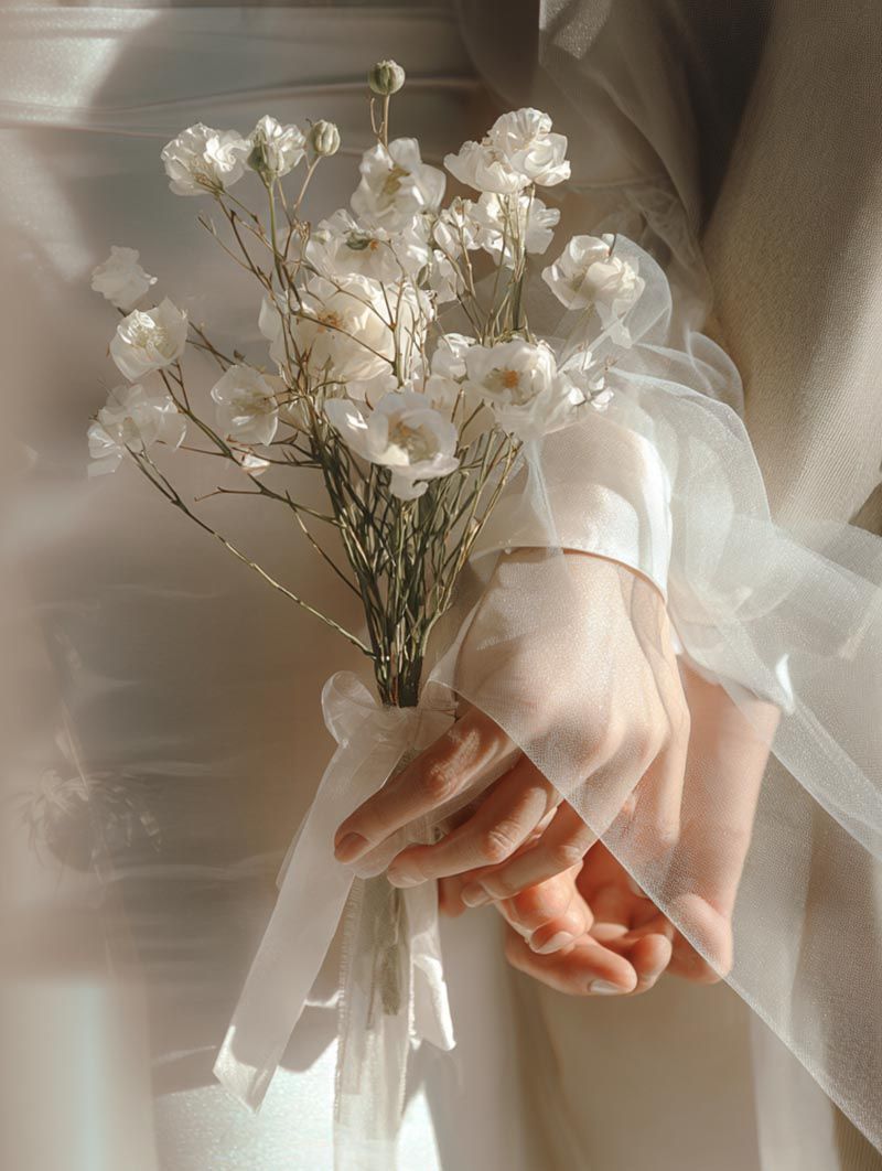 Bride and groom holding hands with a delicate white baby's breath bouquet and sheer silk sleeves in a fine art luxury wedding portrait